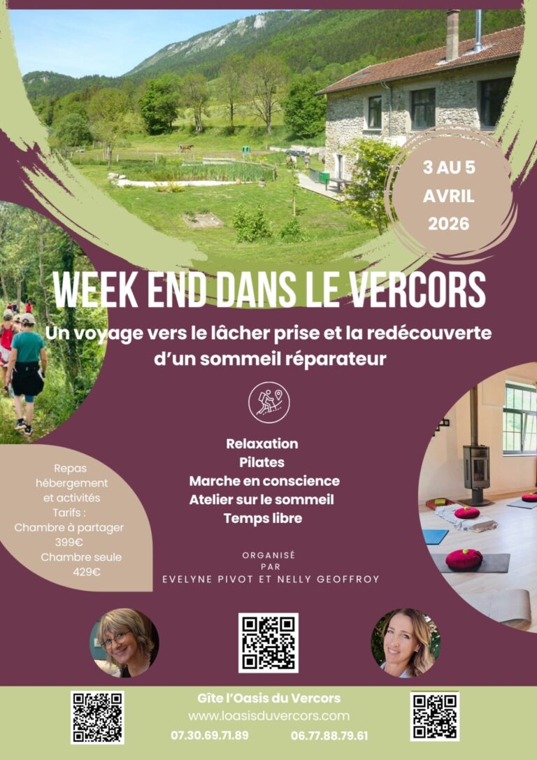 Venez-vous reconnecter à vous-même le temps d'un week-end au cœur du Vercors, loin du tumulte quotidien. Au programme : Un voyage vers le lâcher-prise et la redécouverte d'un sommeil réparateur.